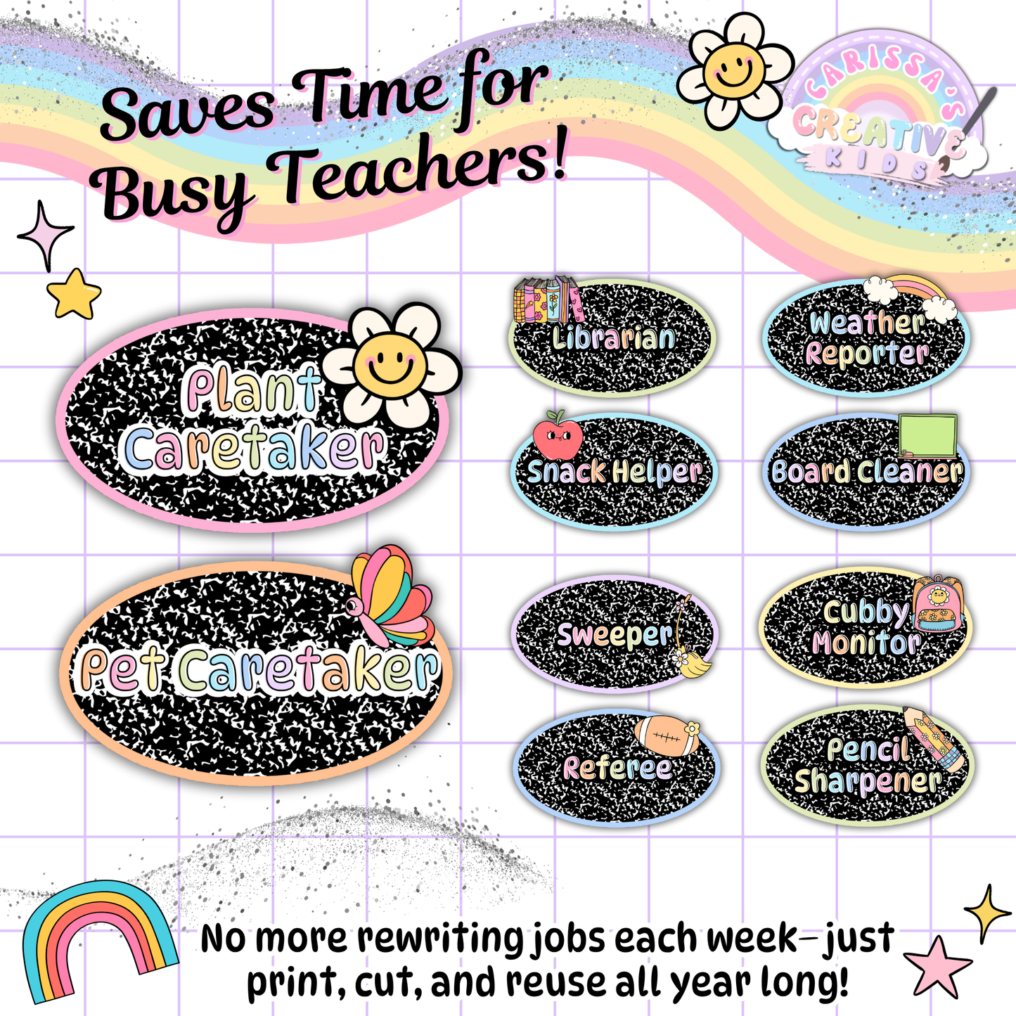 Reusable classroom job cards like Librarian, Weather Reporter, and Snack Helper help teachers save time. No need to rewrite each week—just print, cut, and reuse. Great for preschool, kindergarten, and elementary classroom management routines.