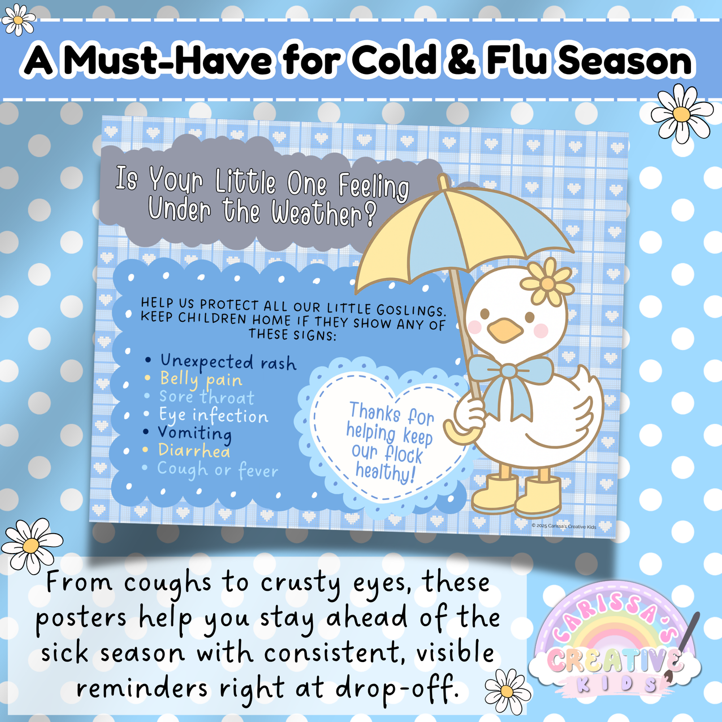 Cold and Flu Season Poster for Daycare – Printable Preschool Health Sign with Sick Symptoms Checklist and Cute Goose Illustration