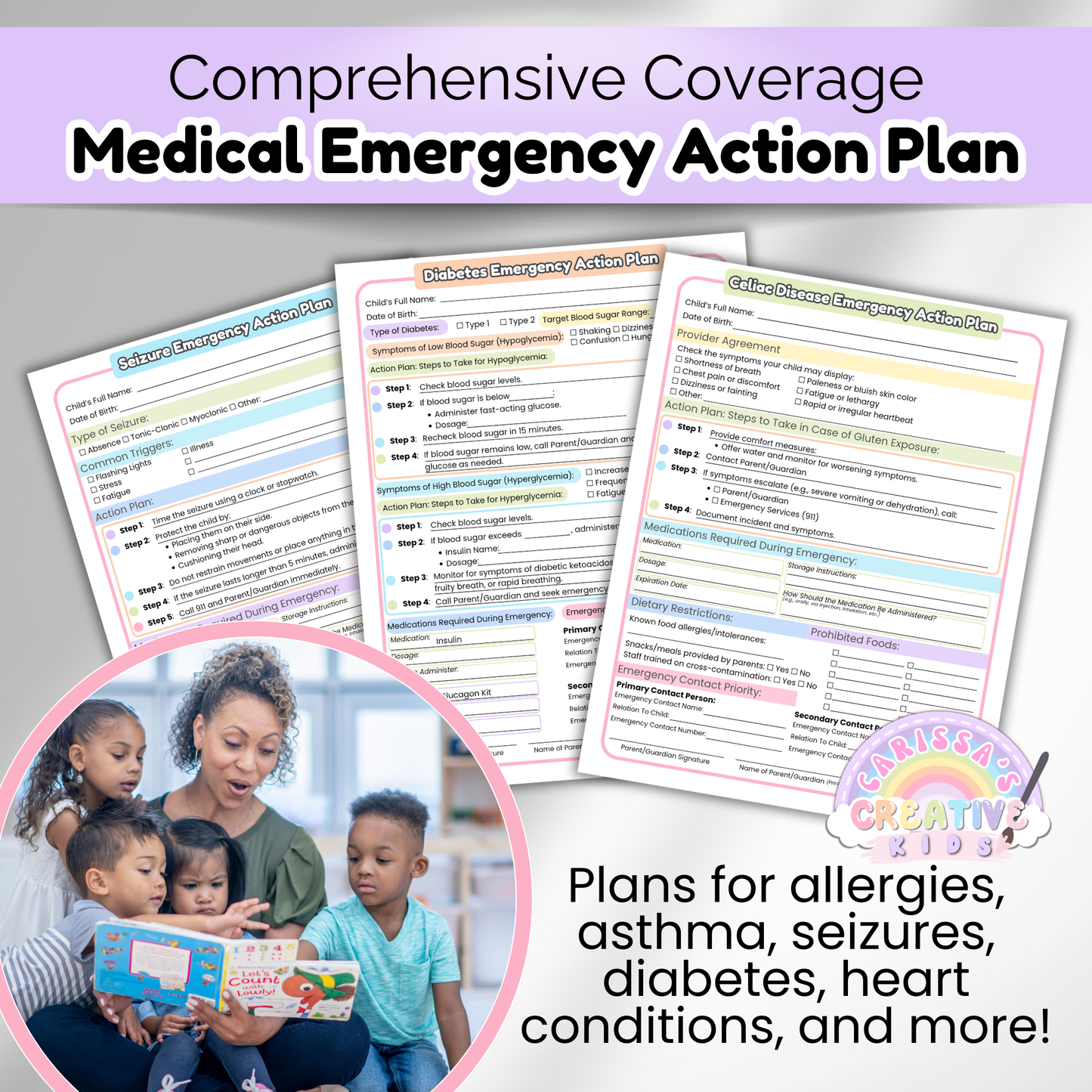 Seizure, diabetes, and celiac disease emergency action plans from a comprehensive printable bundle for daycare and preschool settings—paired with a teacher reading to young children to emphasize care and preparedness.