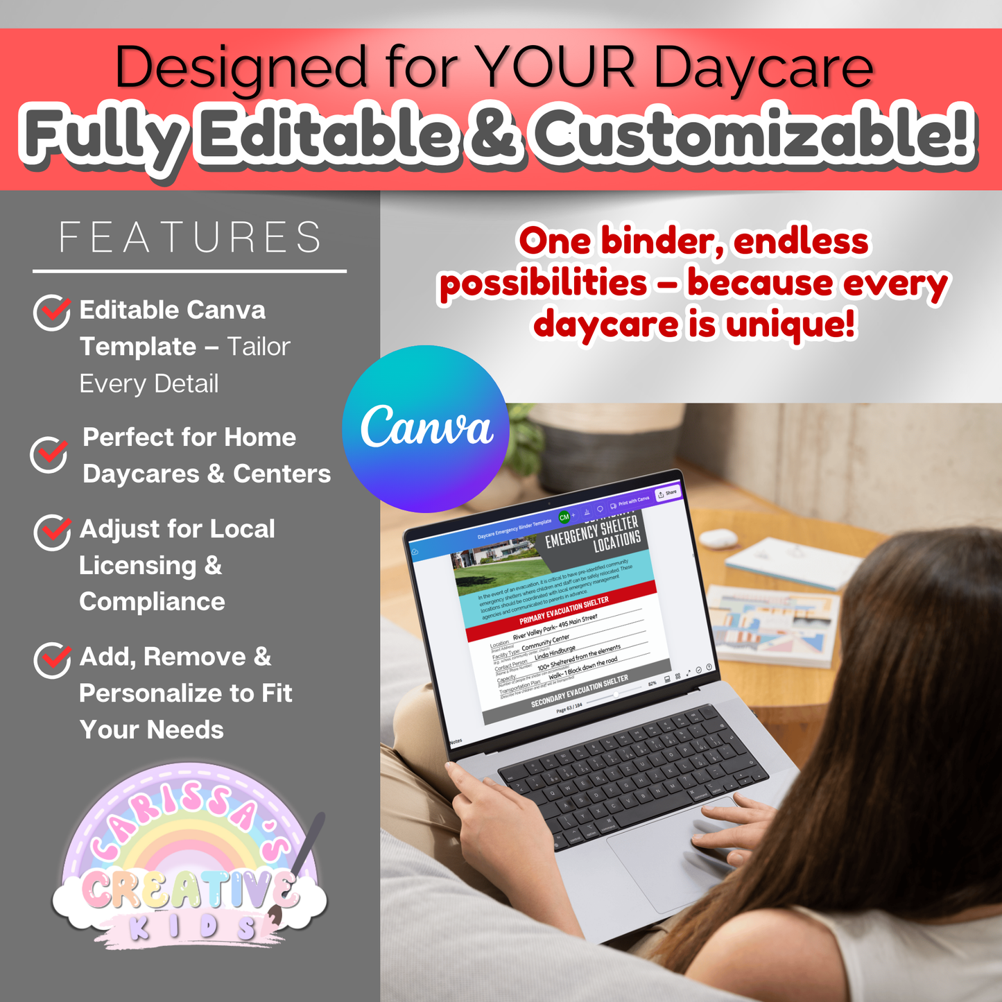 Fully editable daycare emergency planner with customizable templates for home and center-based childcare providers.