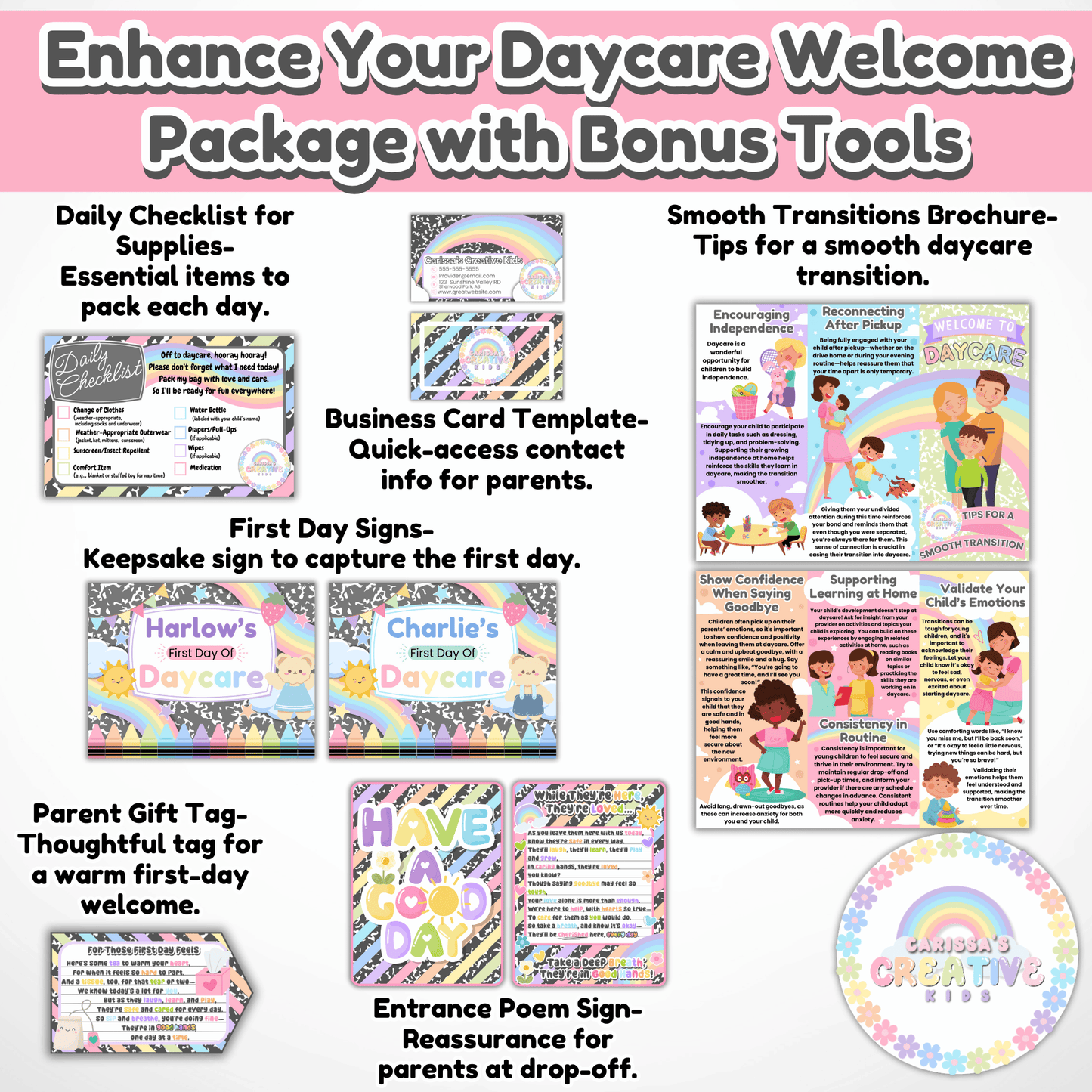 Bonus tools for daycare providers: Business cards, parent gift tag, smooth transitions brochure