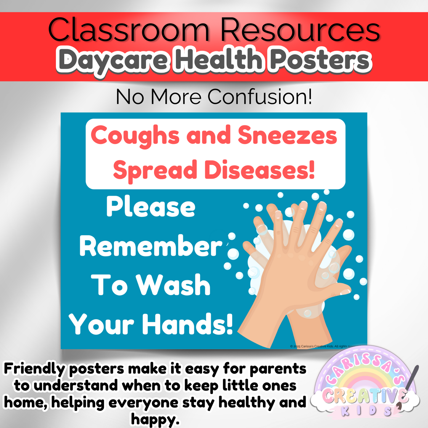 Daycare sick policy poster with clear messaging to keep your daycare healthy and organized. Great for daycare decor.