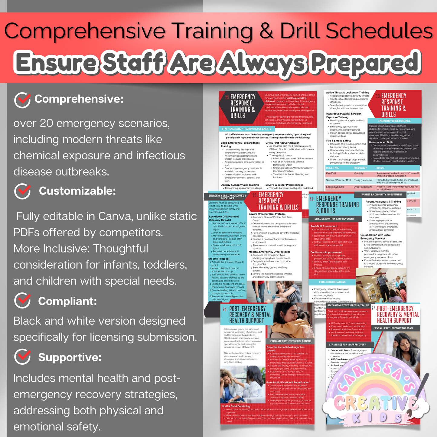Comprehensive daycare disaster plan with emergency protocols for fire, flood, intruder alerts, and power failures