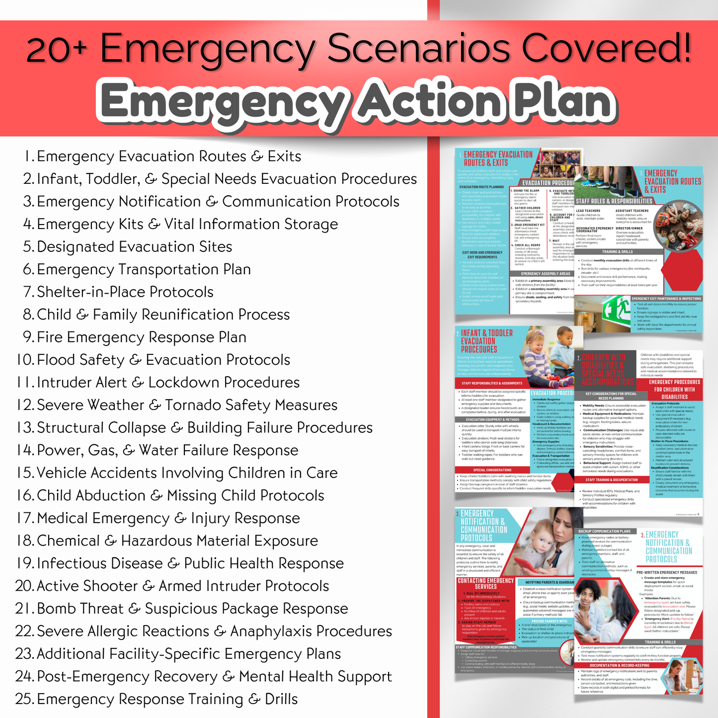 Editable daycare emergency action plan template. Includes evacuation plans, medical emergency procedures, and communication protocols.