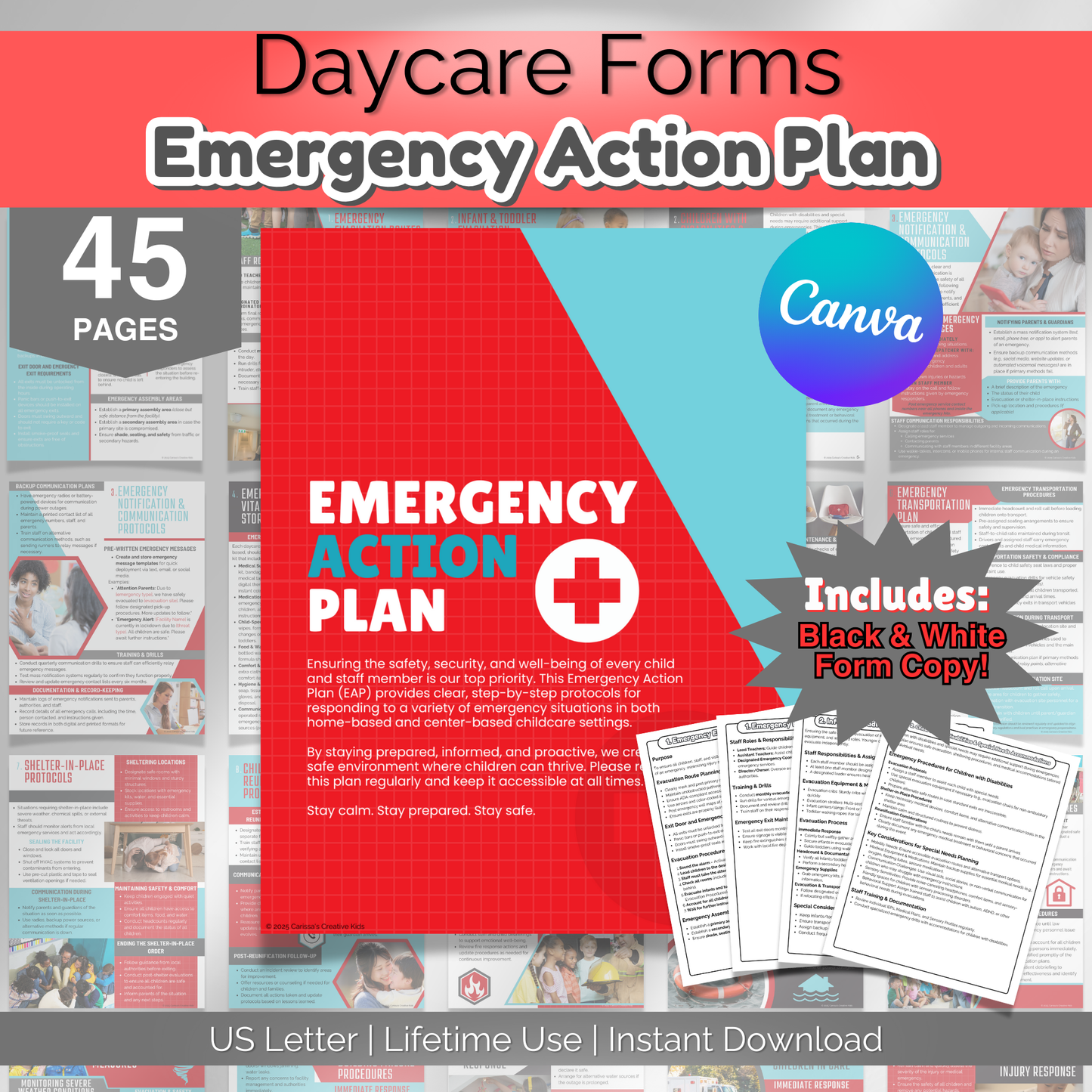 Daycare Emergency Plan printable template for home daycares and childcare centers. Fully editable emergency action plan for licensing compliance.