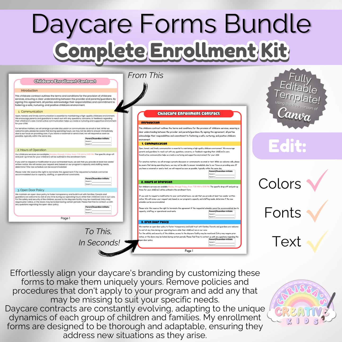 Daycare forms printable kit for enrollment, contracts, and parent handbooks. Editable business template in Canva.