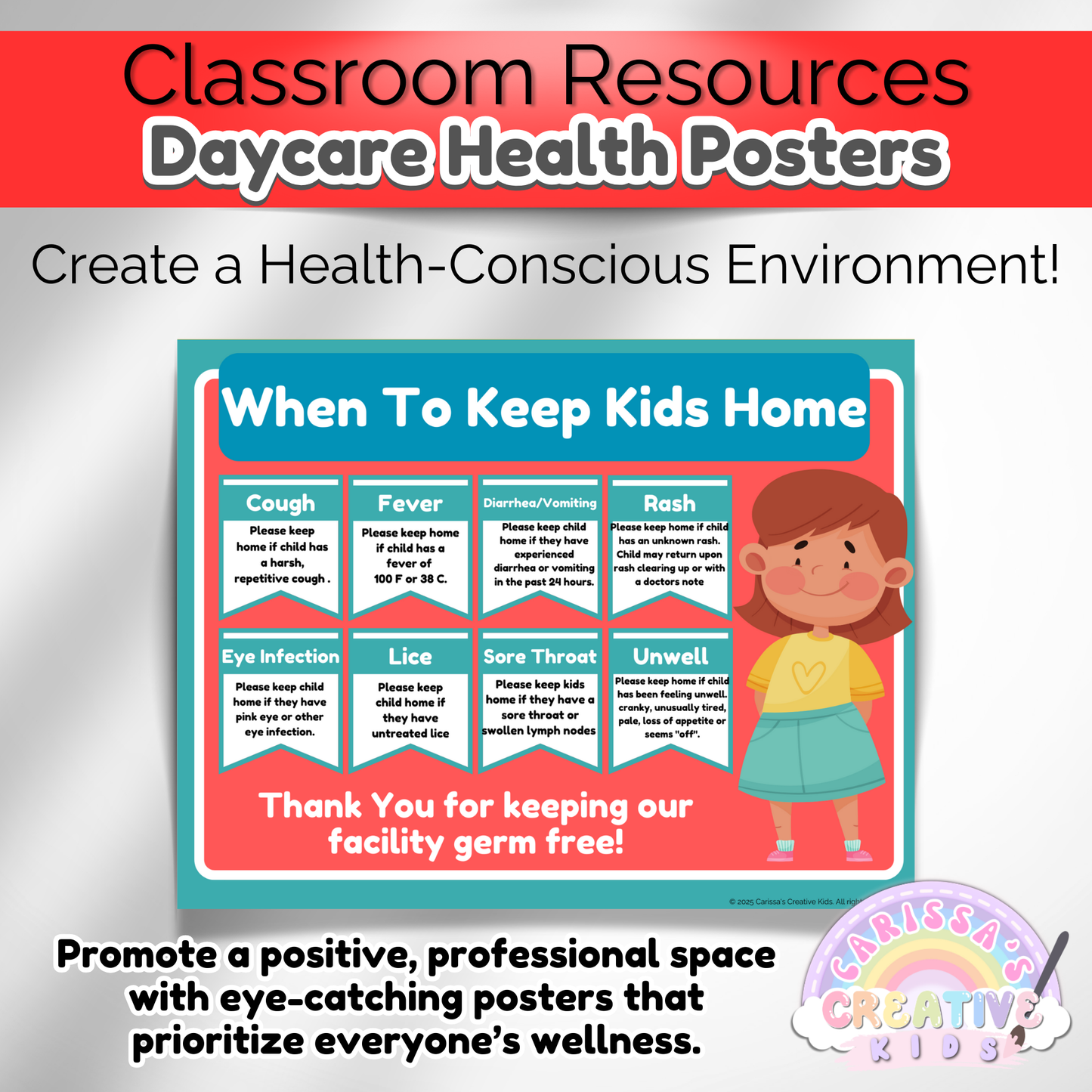 Daycare handwashing poster to promote hygiene and stop the spread of germs. Essential for daycare health policies.