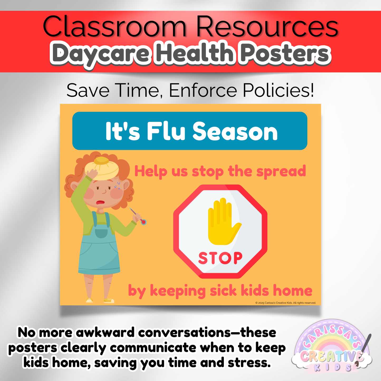 Health policy poster for daycare and preschool. Printable daycare contract addition for clear communication.