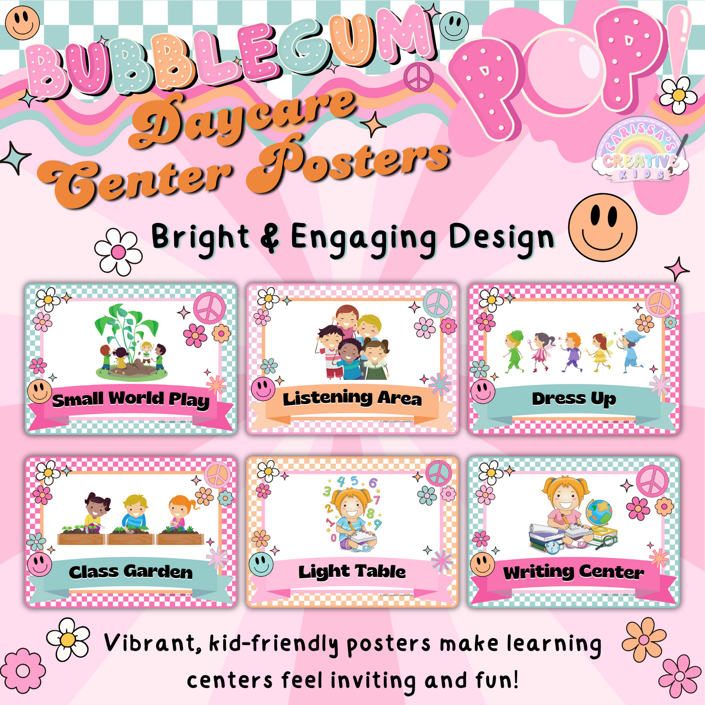 Pre-K and preschool classroom center labels in a fun, bright Bubblegum Pop! theme. Editable text for easy customization.