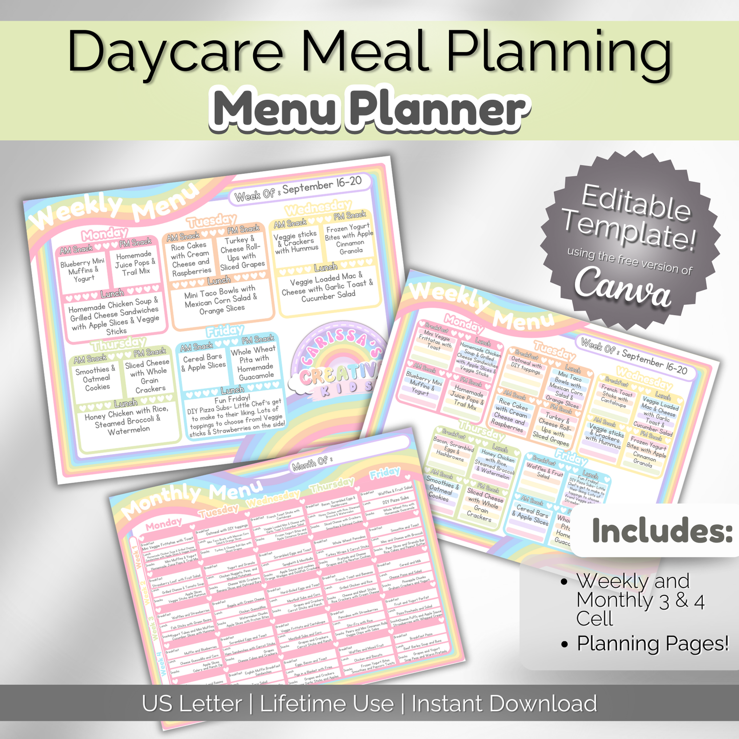 Daycare meal planner template for organized weekly meal planning. Perfect for daycare and preschool settings.