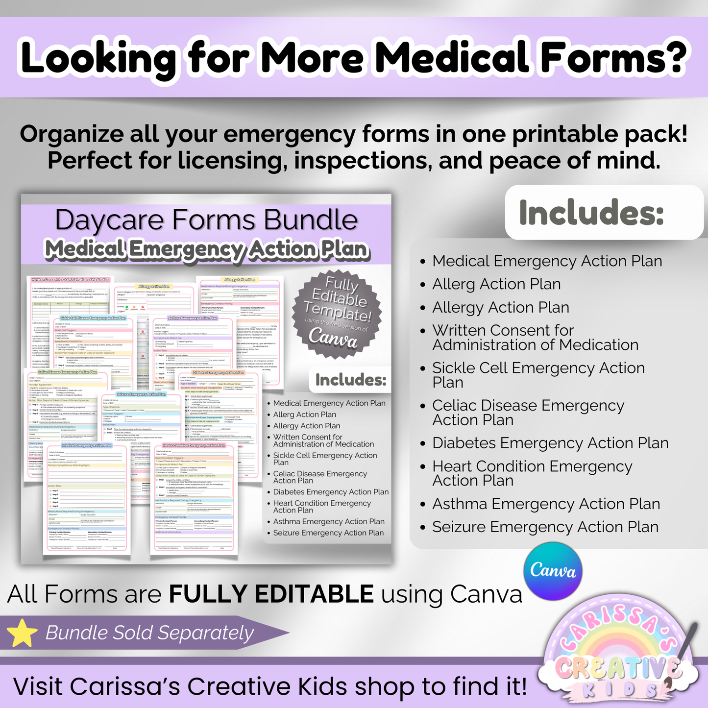 Daycare Medical Emergency Action Plan Bundle with editable templates for allergy, asthma, diabetes, seizures, and more; designed for childcare providers.