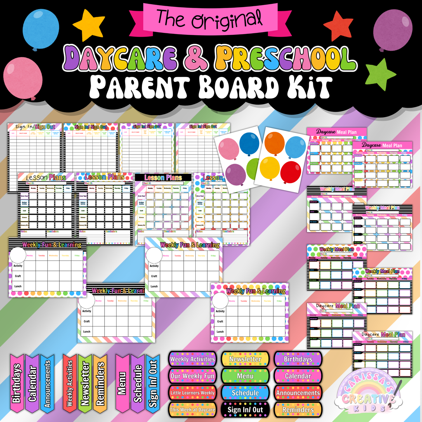 Features six printable borders and two banner designs for “Parent Board” and “Parent Information.” Adds a colorful, polished look to your daycare entrance or preschool hallway. Easy to print, cut, and display.