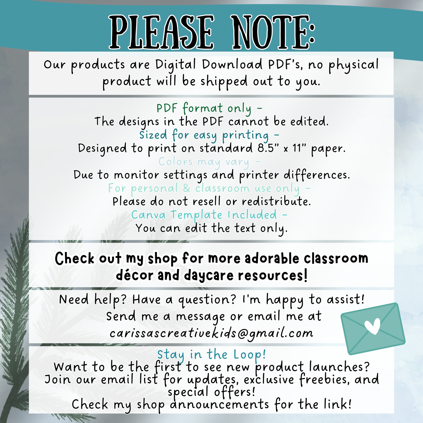 Important notice about the Winter Daycare Parent Board Kit. Clarifies that the product is a digital download only—no physical items will be shipped. Includes info on PDF format, Canva template access, color variation disclaimer, and printing instructions. Also highlights support contact and shop updates.
