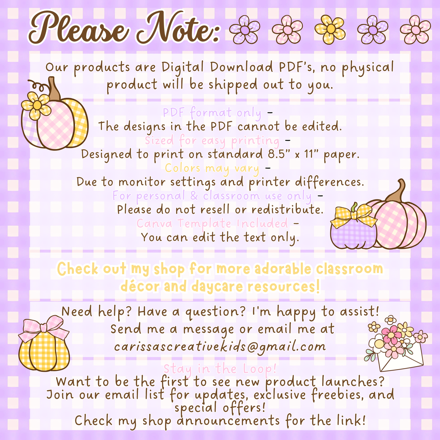 Please note page for daycare printable parent board kit explaining digital download details, Canva editability, and usage terms. Includes pastel pumpkin graphics and contact info for Carissa’s Creative Kids.