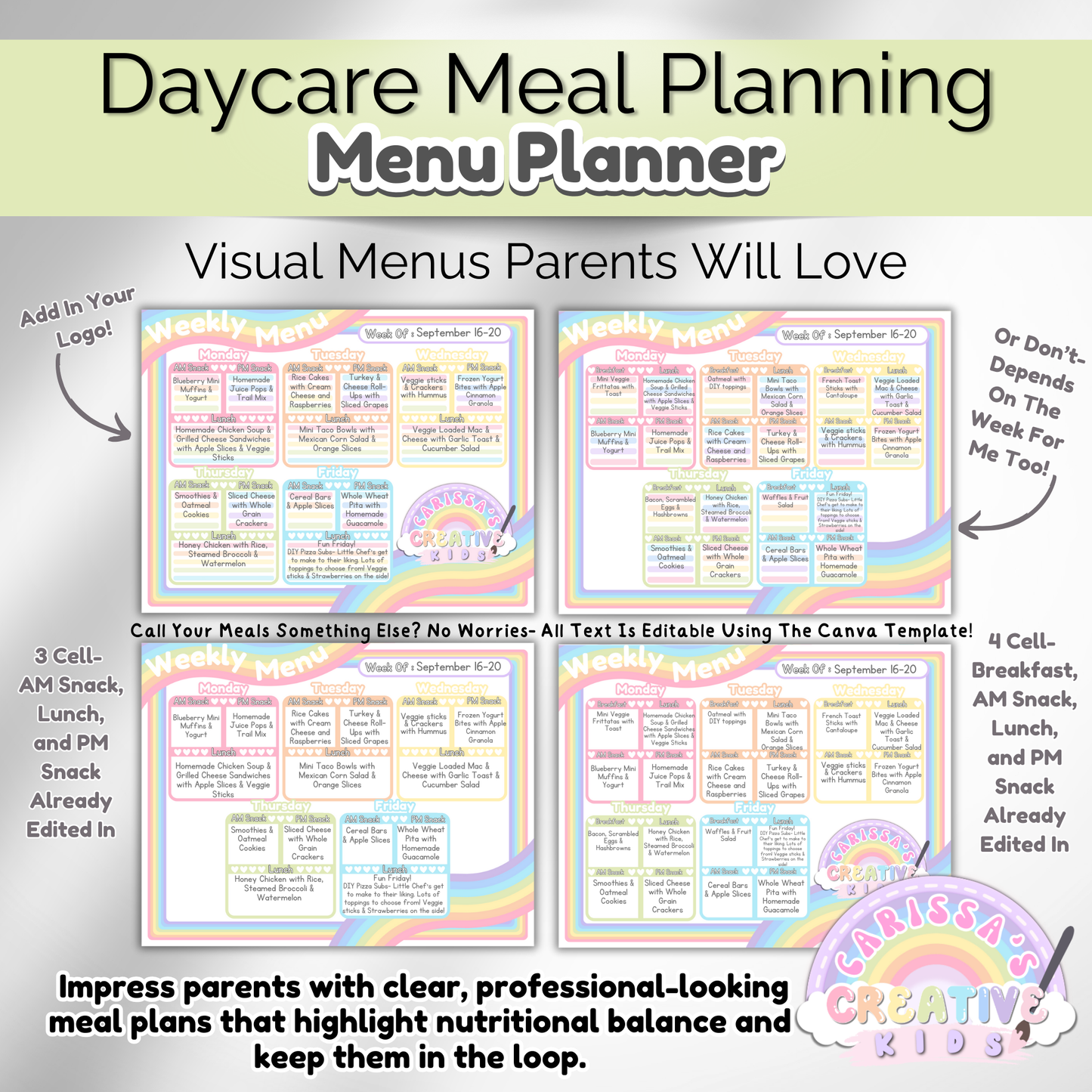 Daycare teacher meal plan template for organized weekly menus. Ideal for preschool and childcare providers.