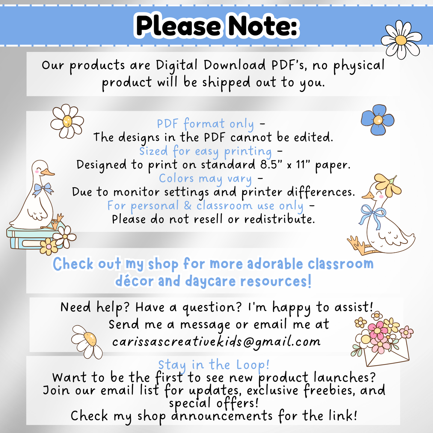 Please note page for digital PDF classroom product explaining download format, printing tips, usage terms, and contact info for Carissa’s Creative Kids.