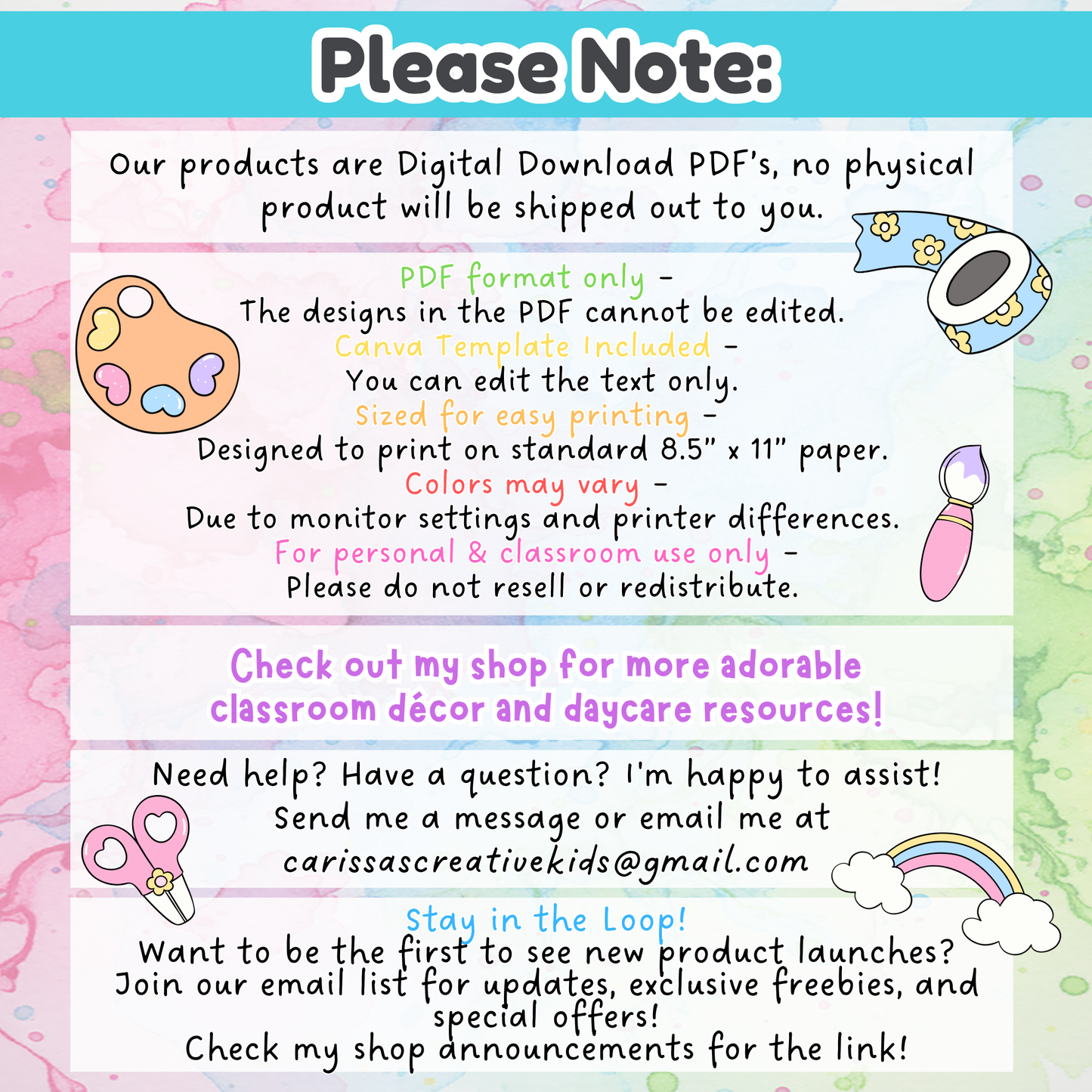 Important notes for the 2026 handprint calendar digital download, including PDF format details, Canva template access, printing tips, and color disclaimer. Highlights use for personal and classroom preschool crafts.