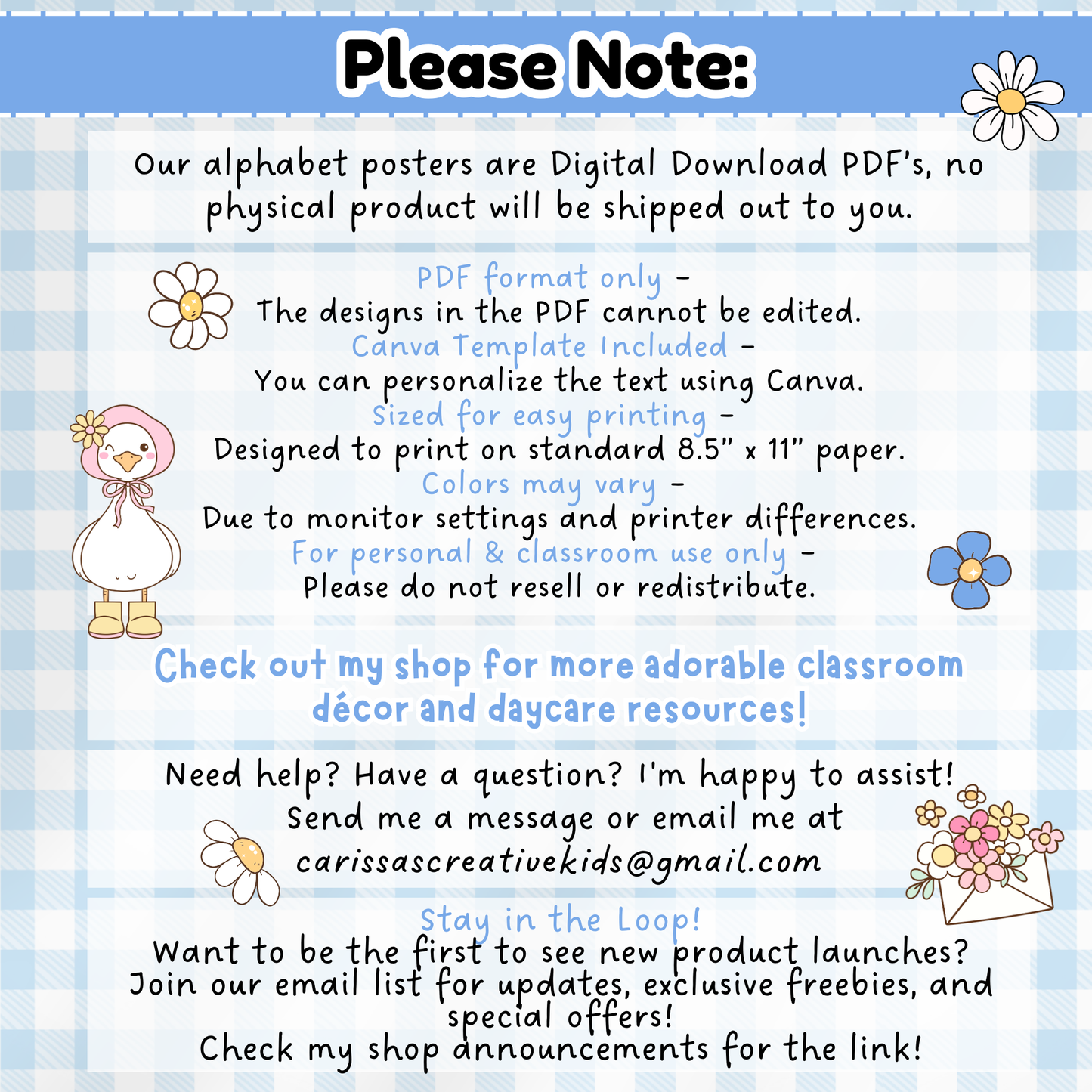Digital download notice for silly goose alphabet posters with details about PDF format, Canva template, printing size, color variation, and personal use terms; includes contact info and shop promo.