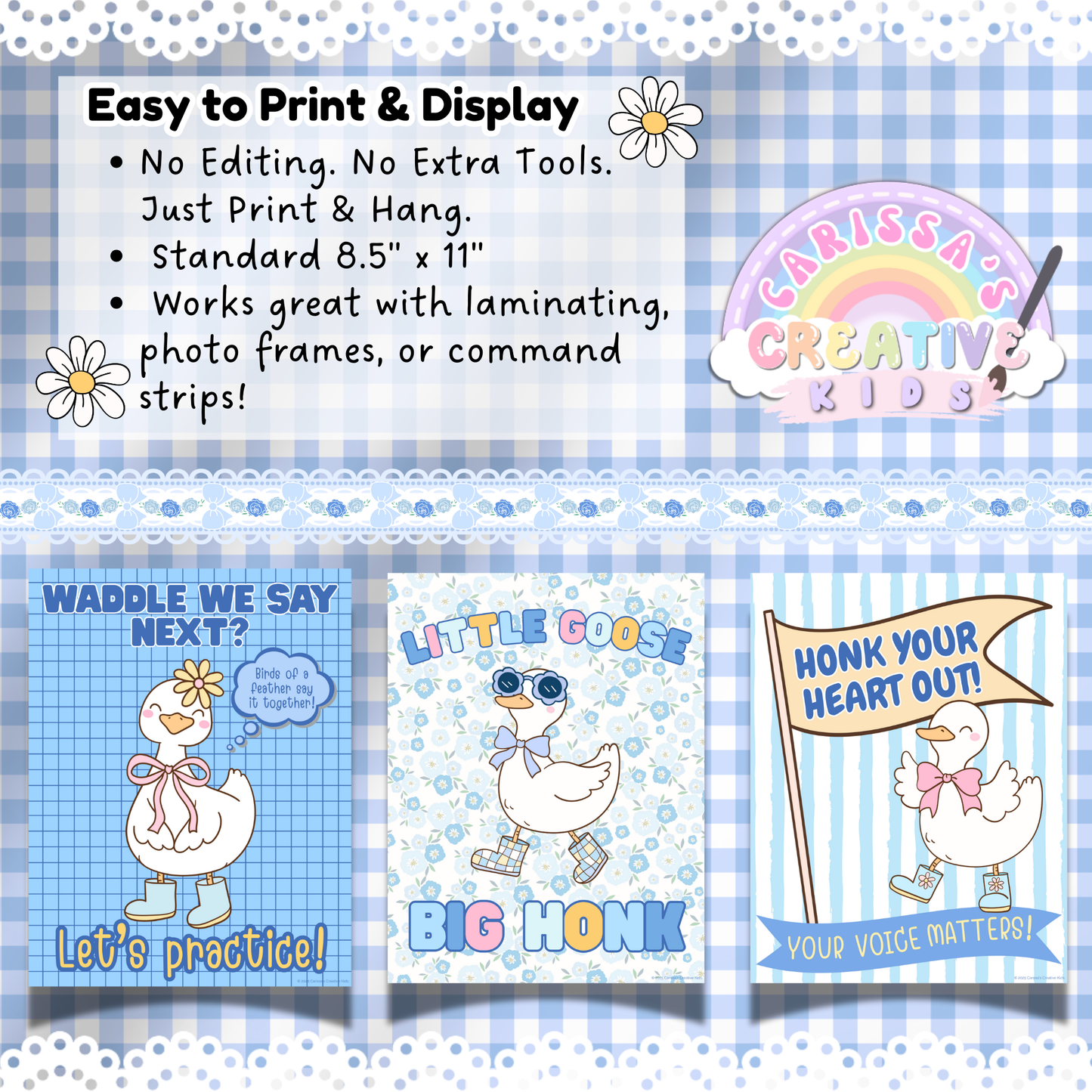 Three printable silly goose speech therapy posters shown with a lace and gingham background, highlighting easy print-and-display features like 8.5" x 11" sizing, no editing required, and compatibility with laminating, frames, or command strips.