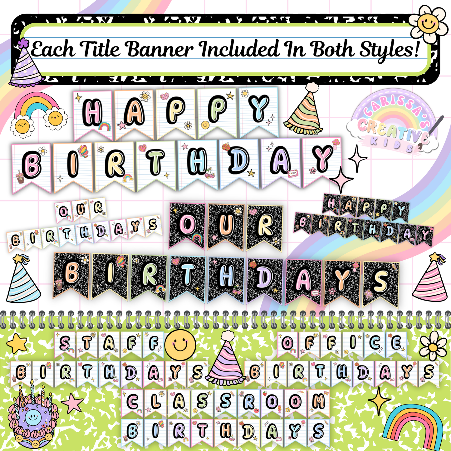 Editable birthday board banners with multiple phrases like “Happy Birthday” and “Our Birthdays” in both lined and chalkboard styles. A fun, flexible addition to your classroom birthday chart or preschool bulletin board setup.
