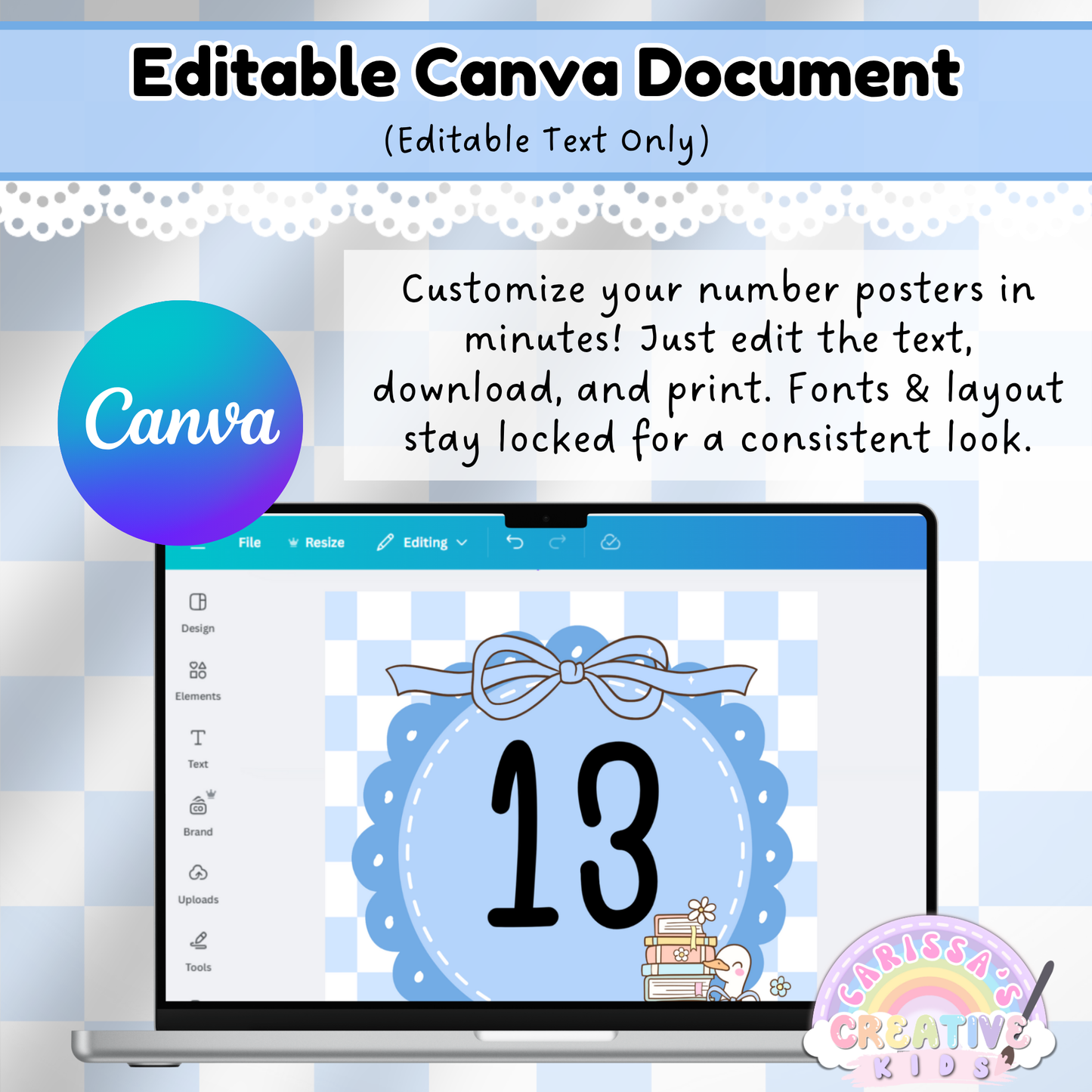 Editable Canva version of the Silly Goose Number Posters shown on a laptop screen, allowing users to update text while maintaining locked fonts and layout for a cohesive classroom display.