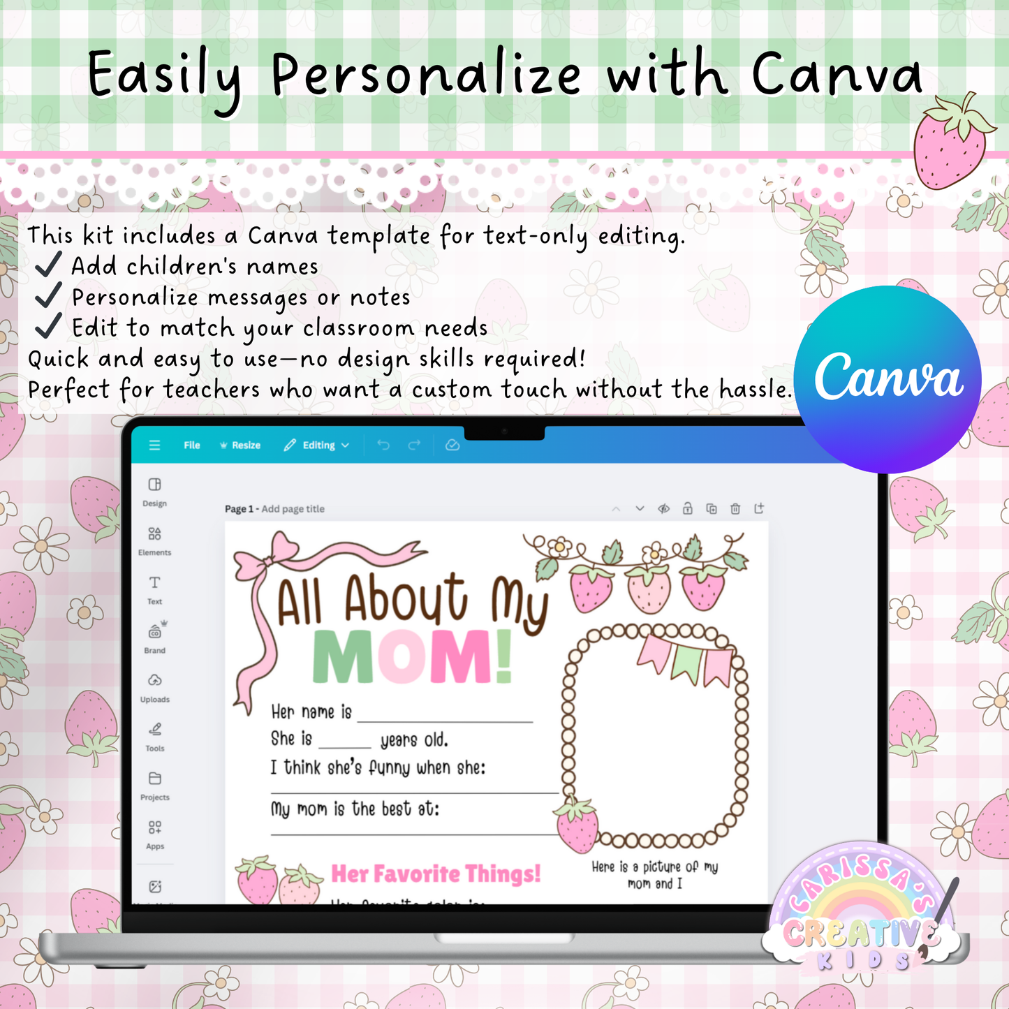 This Mother’s Day printable gift kit includes a text-editable Canva template, allowing teachers to personalize names, messages, or classroom details. Designed for preschool, daycare, and kindergarten, the Canva version makes it easy to customize without needing any design experience. Perfect for providers looking to create thoughtful, customized Mother’s Day keepsakes with minimal effort. Quick to edit and ready to print.