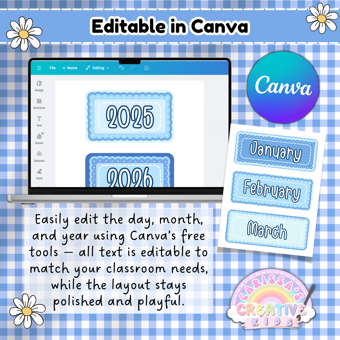 Editable Classroom Flip Calendar in Canva – Customize Day, Month, and Year Cards Using Free Canva Tools with Blue Gingham Design