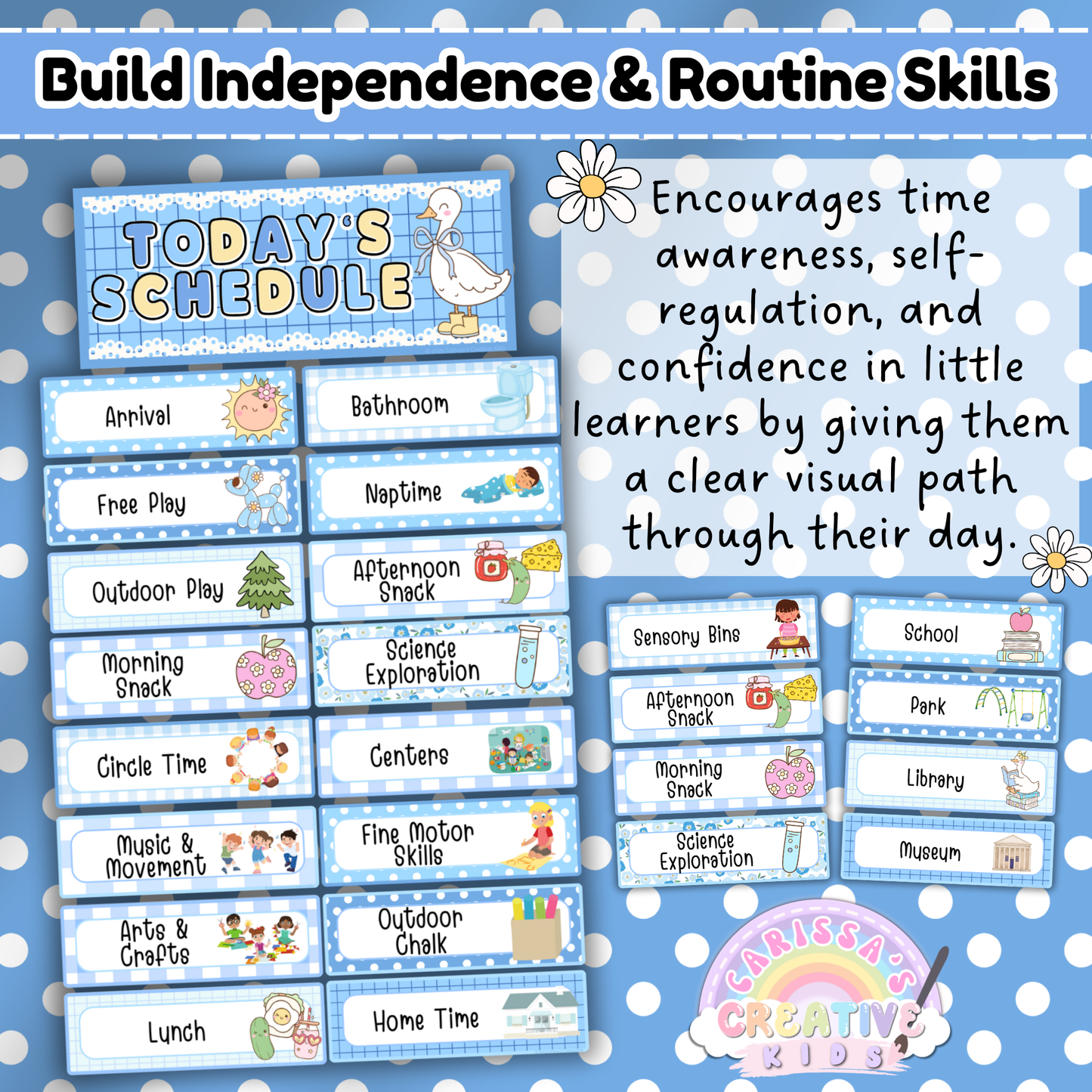 This visual highlights editable daily schedule cards tailored for toddlers and preschoolers. Featuring a cheerful “Today’s Schedule” header and illustrated cards, the resource supports time awareness, self-regulation, and routine-building by clearly showing each part of the day. Designed for early learners, it helps children gain confidence and independence by giving them a predictable and visual path to follow. Great for daycare, preschool, and early childhood settings.