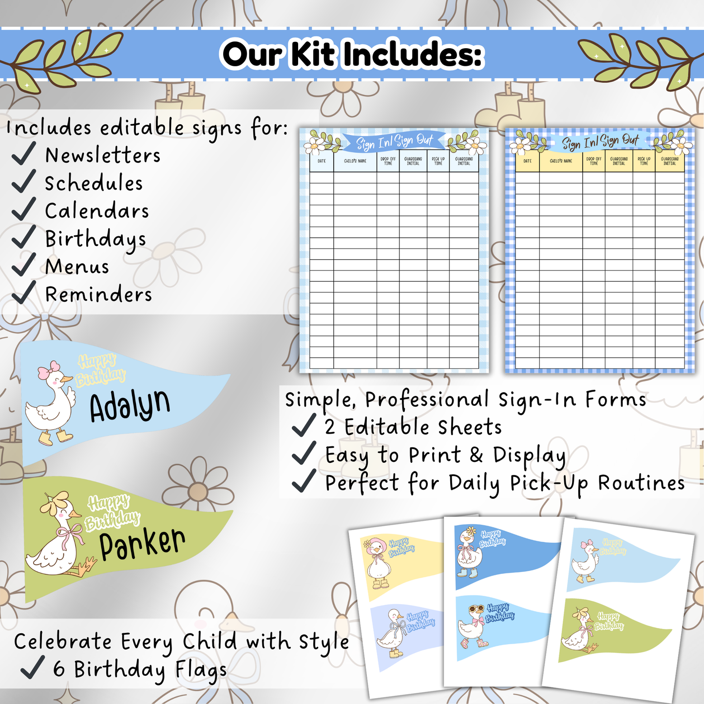 Editable headers for menu, newsletter, calendar, schedule, birthdays, and reminders, each styled with Country Goose motifs and soft color palettes.