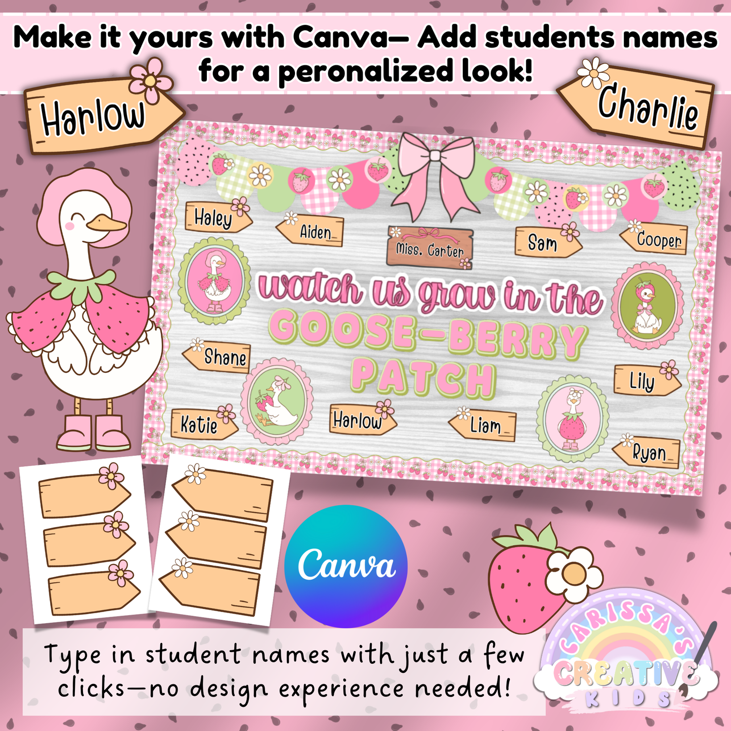 Editable Goose-Berry Patch bulletin board display showcasing how to personalize name plates using Canva. Features strawberry and goose-themed graphics, “Watch Us Grow in the Goose-Berry Patch” title, and student names for a customized classroom or daycare setup.