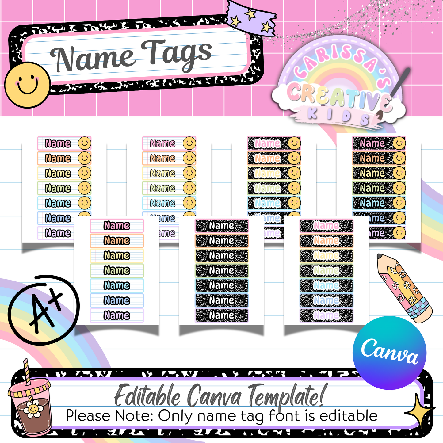 Editable name tags in pastel and chalkboard styles. Customize each tag in Canva with student names to use on your birthday display. Coordinates with Retro Rainbow classroom themes for preschool, daycare, or early elementary use.