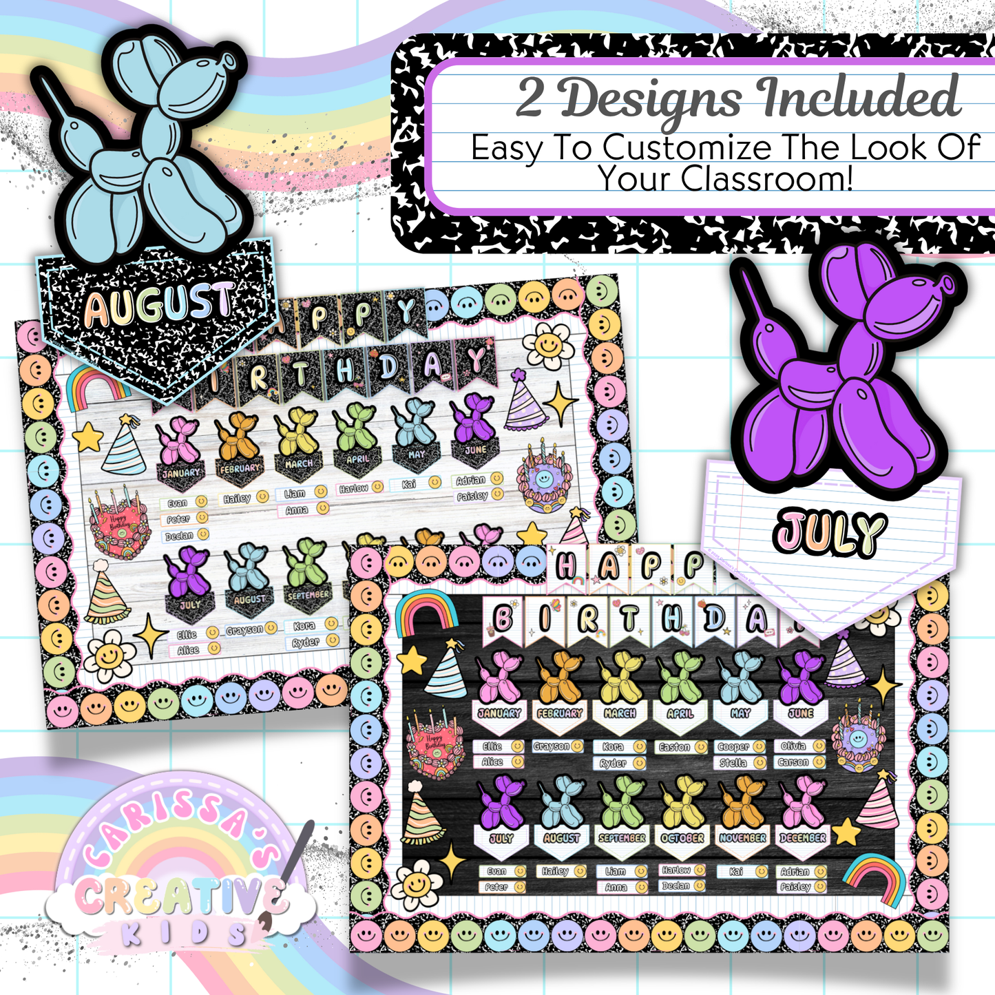 Includes two design options—lined paper and chalkboard—for the Retro Rainbow birthday board. Features balloon headers and editable elements for customizing your preschool or elementary birthday wall display with retro classroom decor.