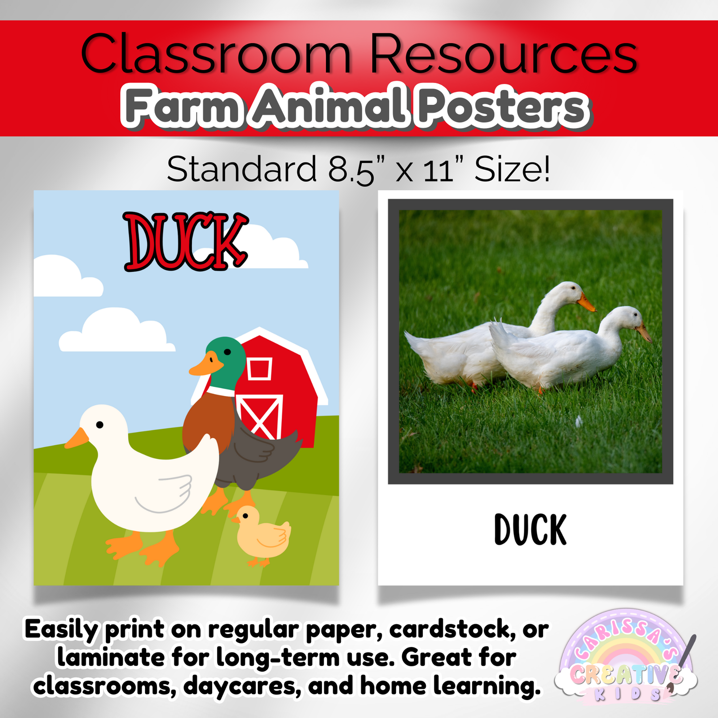 Back-to-school farm animal classroom posters for preschool and elementary settings.