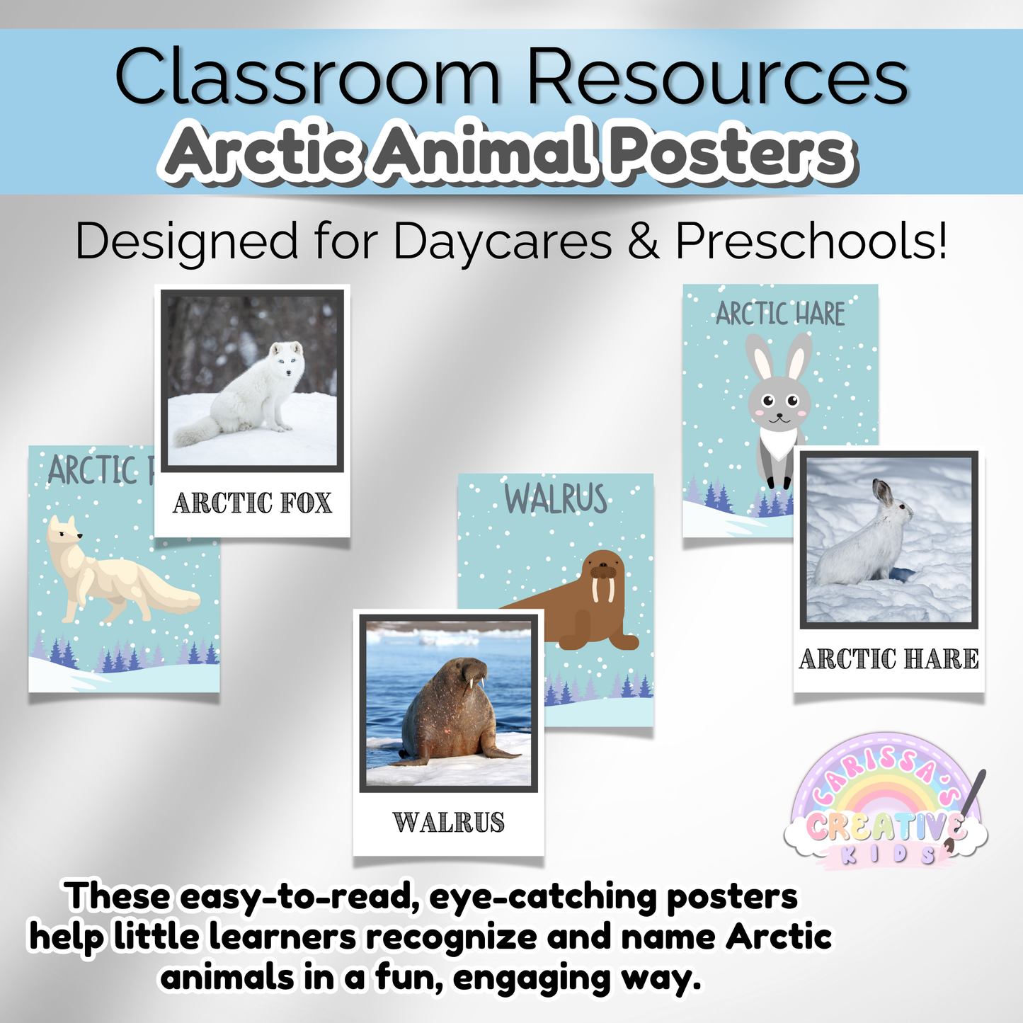 Daycare printables featuring Arctic animal learning posters. Ideal for preschool and kindergarten classrooms.