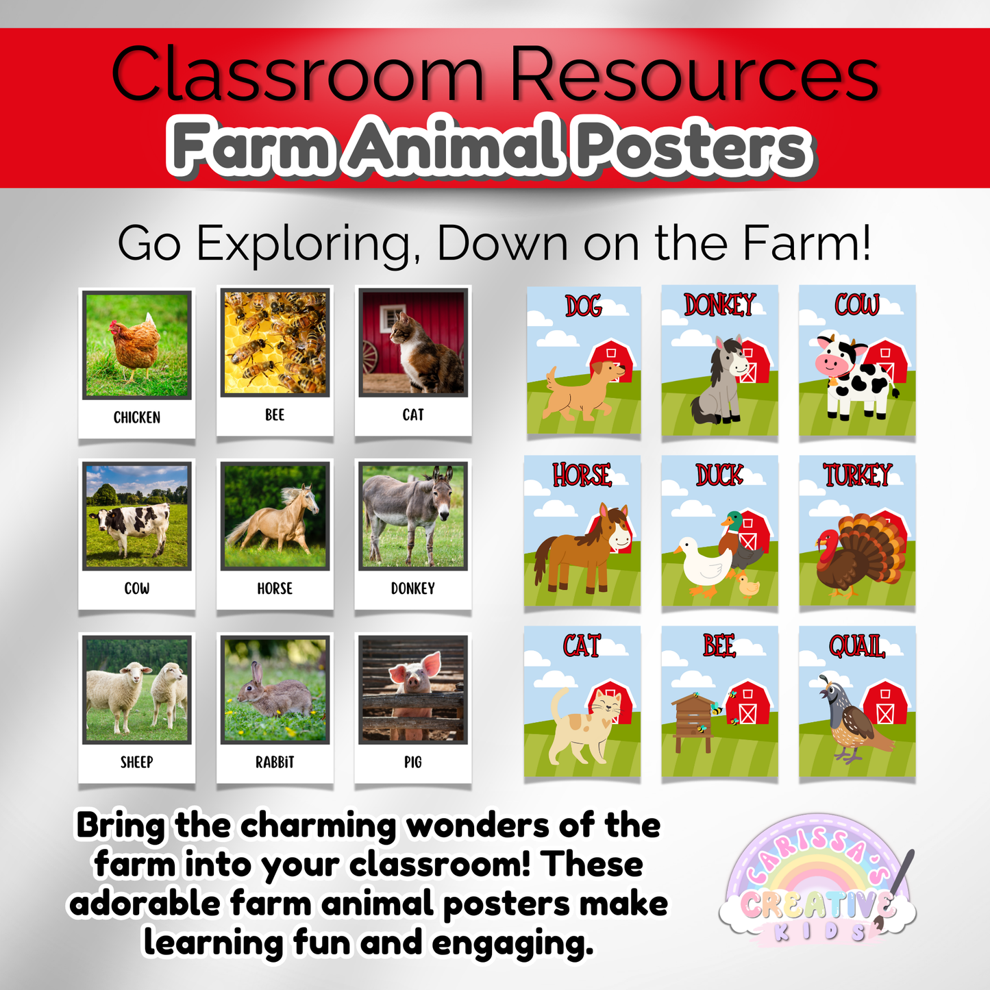 Educational wall art featuring farm animals. Great for daycare, homeschool, and playrooms.