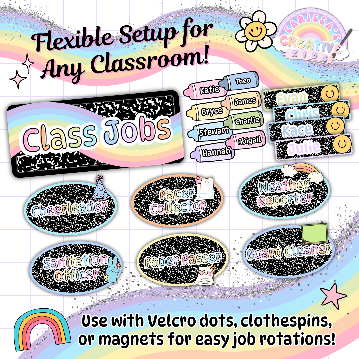 Flexible classroom job chart setup with editable name tags and printable job cards. Easily use Velcro dots, clothespins, or magnets for job rotations. Perfect for preschool, kindergarten, or elementary classroom management and bulletin boards.
