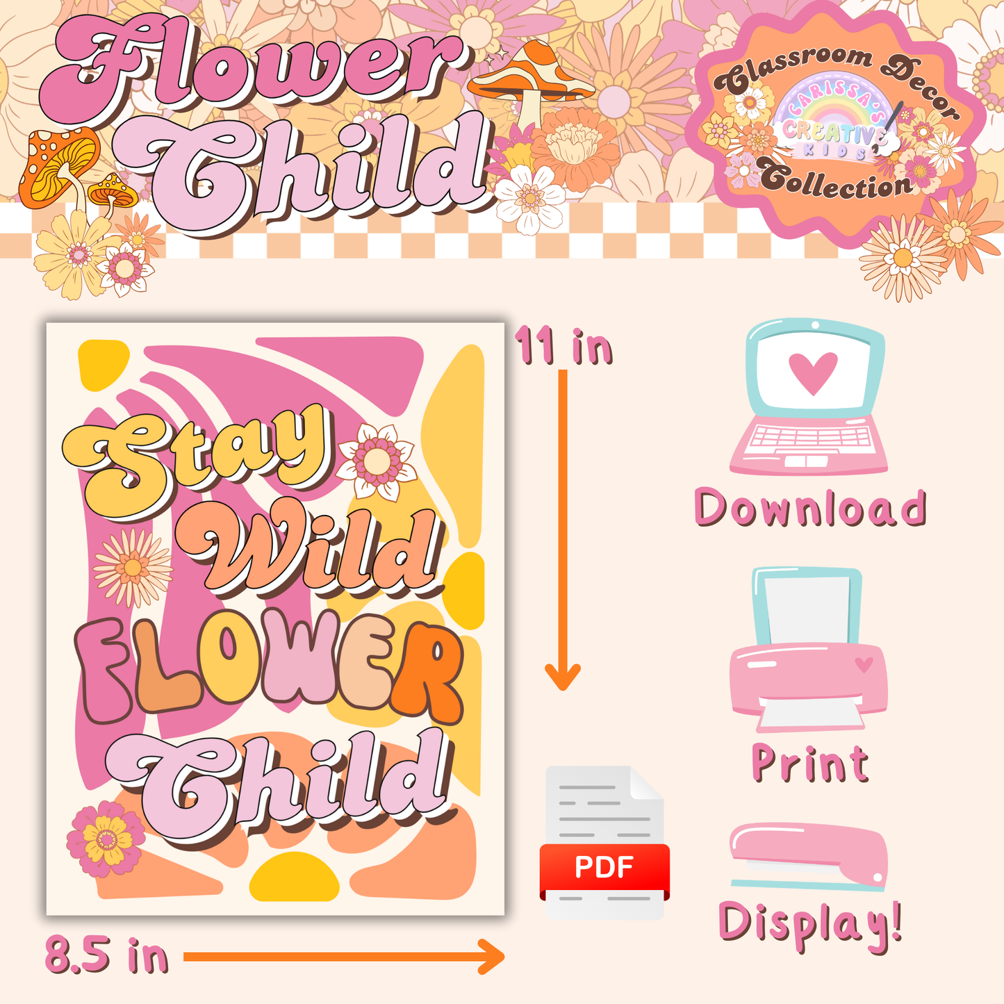Retro flower-themed classroom posters with a 70s-inspired color palette. Ideal for school decor, libraries, and homeschool spaces.