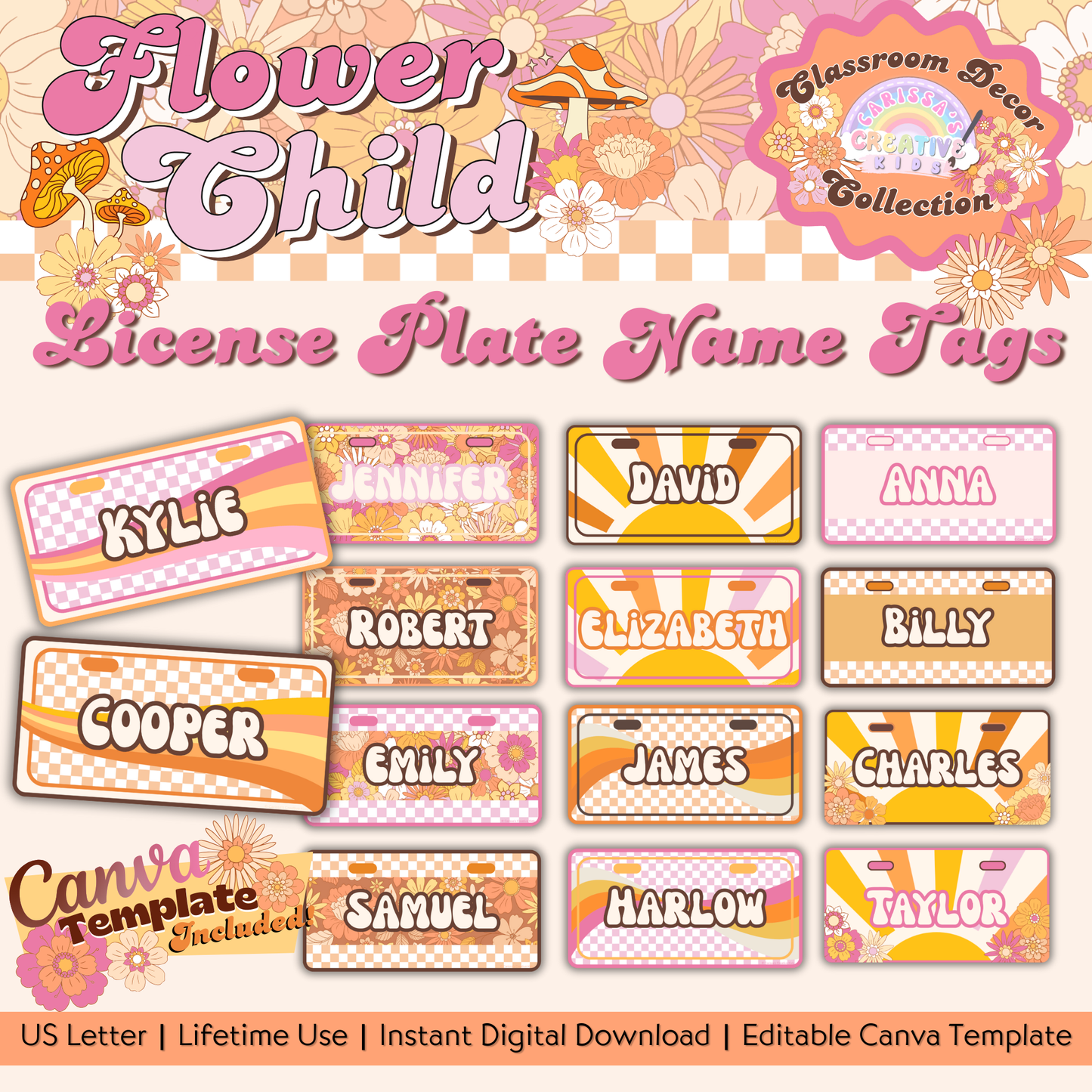 A preview of the Flower Child License Plate Name Tags featuring 14 retro designs in pink, orange, beige, brown, and yellow. Perfect for Groovy Classroom Decor Theme!