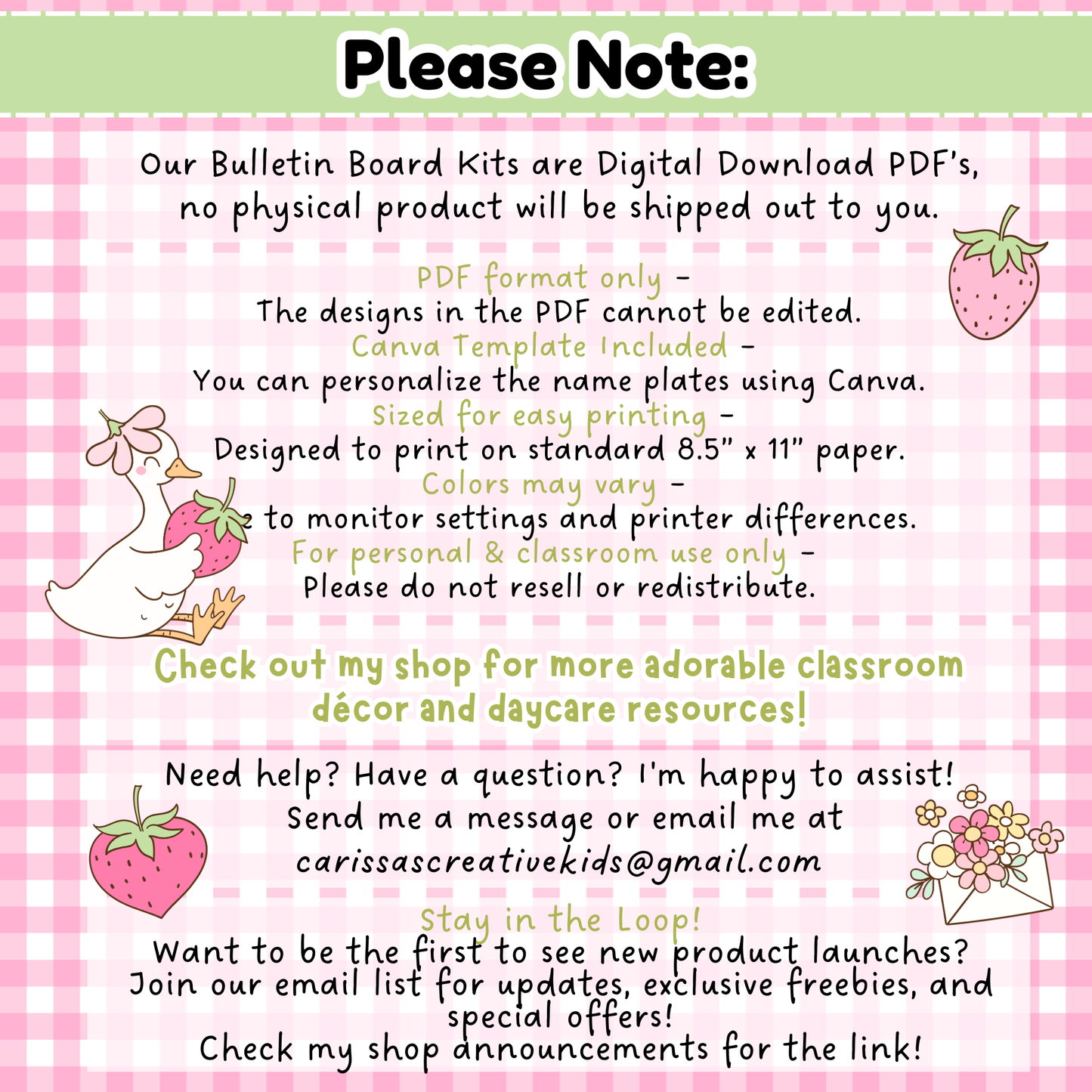 Important download notice for the Goose-Berry Patch Bulletin Board Kit. Highlights that this is a digital PDF only, includes editable Canva templates for name plates, prints on US letter paper, and is for classroom or personal use. No physical item will be shipped.