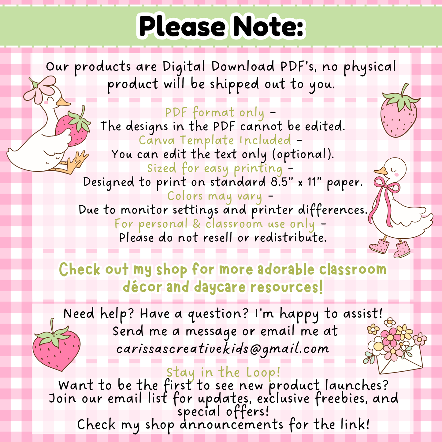 Digital Download Reminder for Goose-Berry Classroom Calendar – Includes Canva Template and US Letter Printable, No Physical Product Shipped