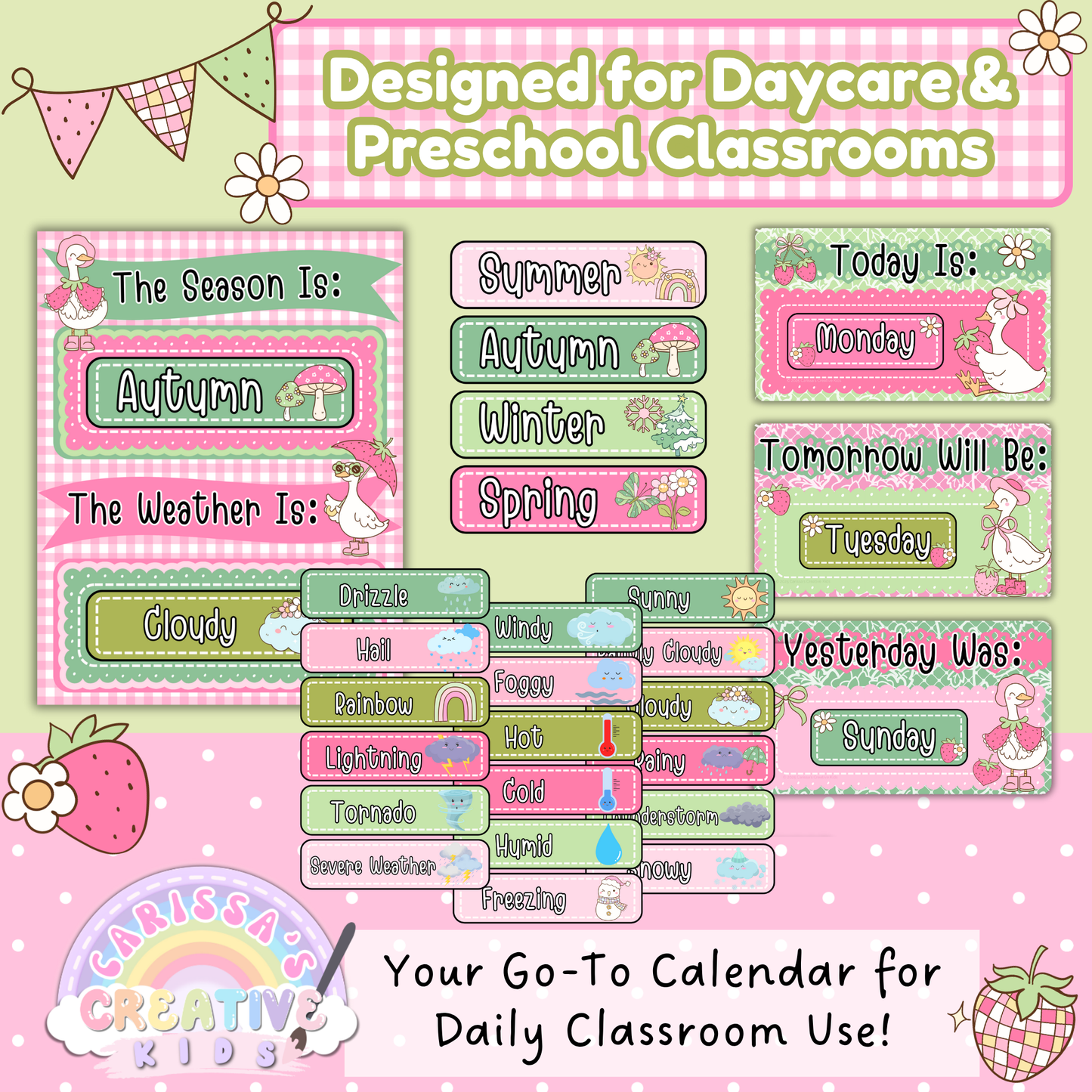 Preschool and Daycare Calendar Cards – Goose-Berry Theme Printable for Weather, Seasons, and Daily Routine with Editable Headers