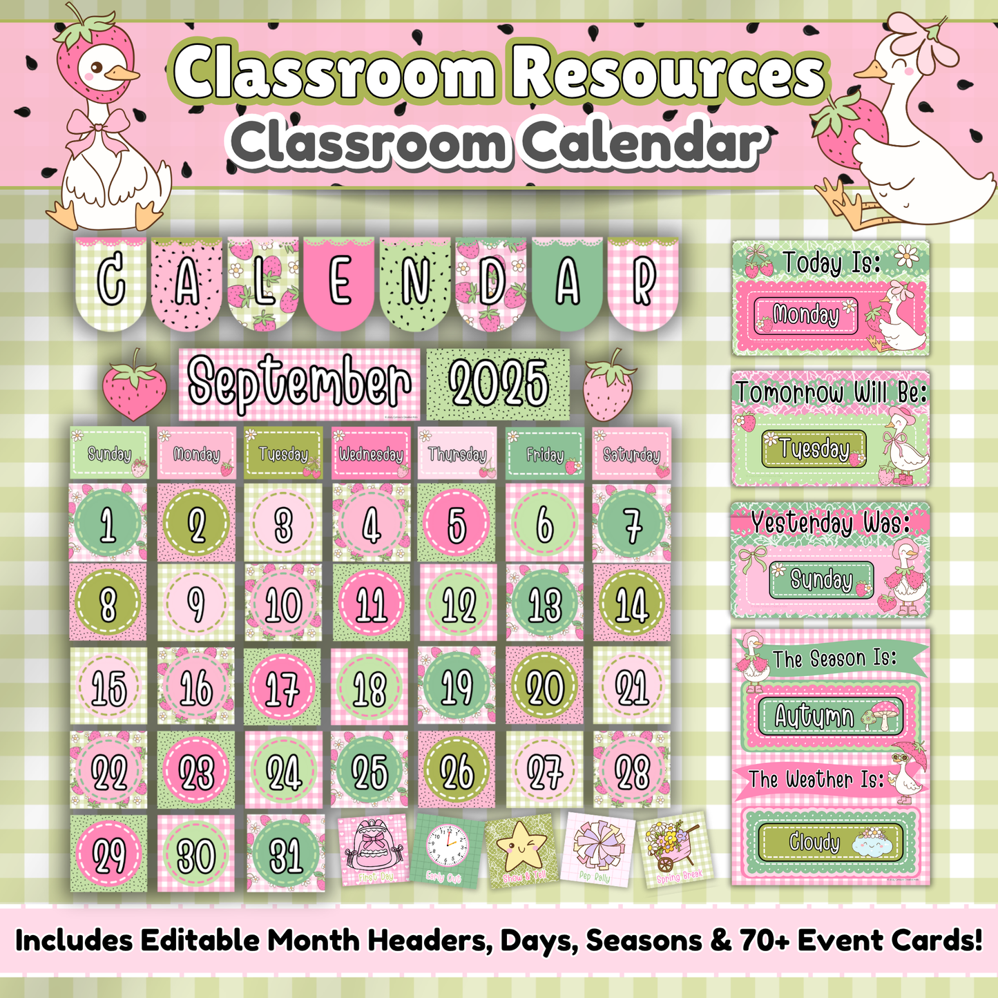 Goose-Berry Theme Classroom Calendar Printable for Preschool and Daycare – Editable Month Headers, Days, Weather, and Seasons in Silly Goose Decor with Gingham Background