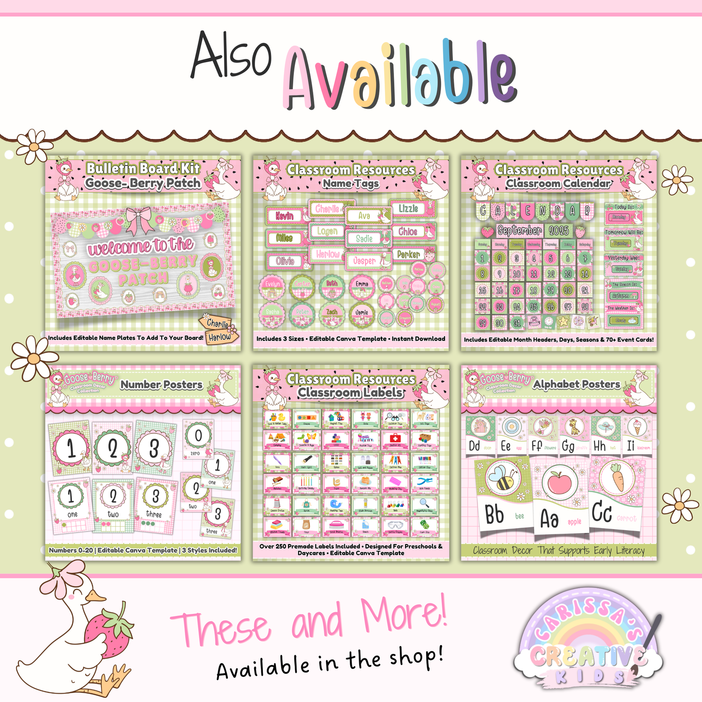 Related Goose Berry classroom decor collection featuring matching printable resources for preschool, nursery, infant classroom, and playroom decor, including bulletin board kits, labels, calendar sets, number posters, and alphabet posters.