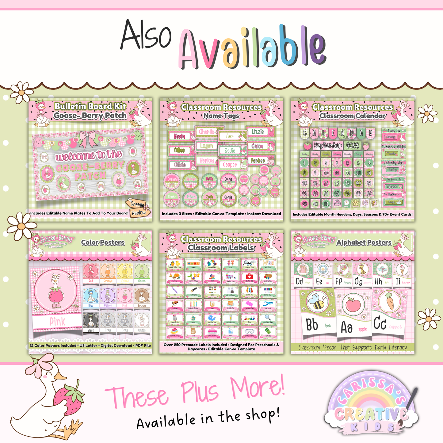 Related Goose Berry classroom decor collection featuring matching printable resources for preschool, kindergarten, and homeschool, including bulletin board kits, name tags, calendars, labels, color posters, and alphabet posters.
