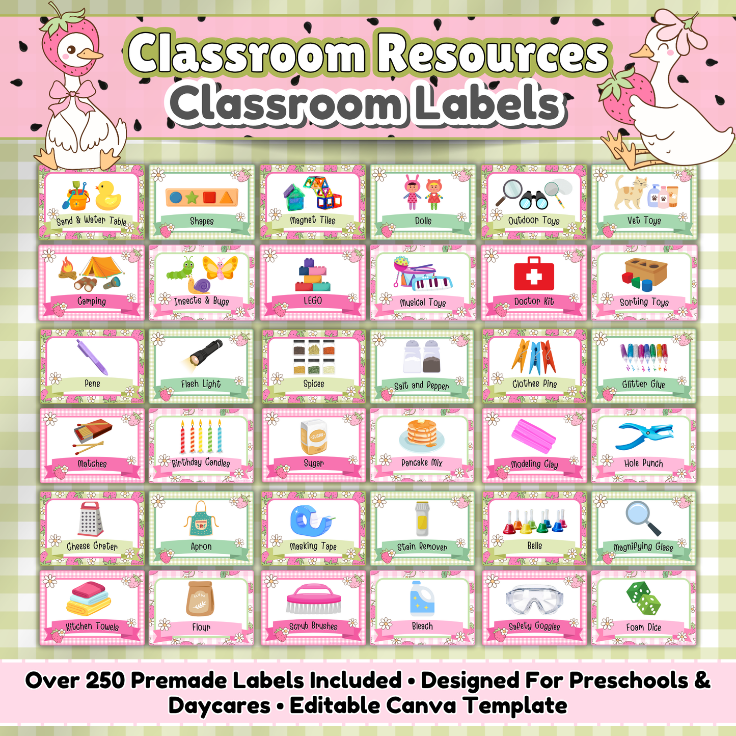 Main preview image for the Goose-Berry Classroom Labels resource by Carissa’s Creative Kids. Features over 250 printable labels with pastel strawberry and goose-themed borders. Designed for preschool, daycare, and early childhood spaces with editable Canva templates included for customization. Pink and green color scheme.