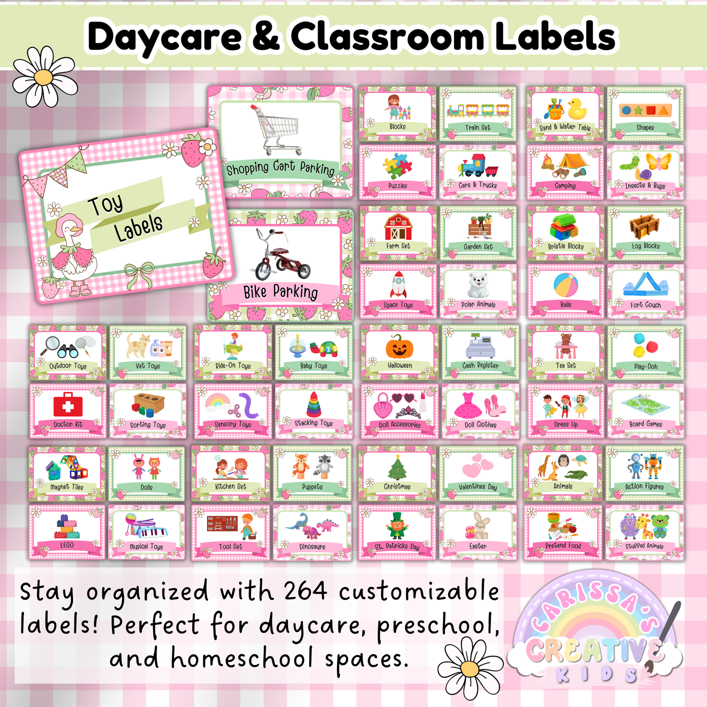 Slide showcasing 264 Goose-Berry Classroom Labels for daycare and preschool settings. Includes toy labels, bike and shopping cart parking signs, and colorful icons for everything from blocks to dramatic play. Designed in pink and green gingham with strawberry and goose details. Perfect for organizing playrooms and homeschool spaces.