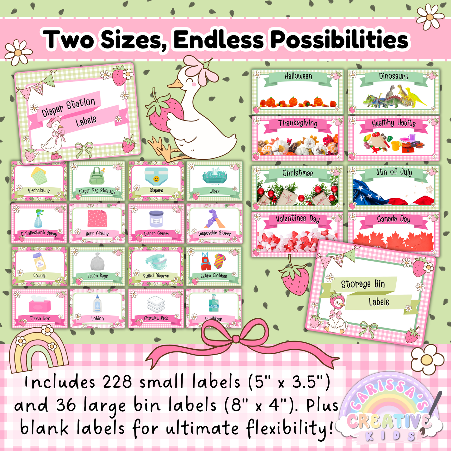 Slide featuring Goose-Berry daycare and classroom labels in two sizes: small (5" x 3.5") and large (8" x 4"). Includes diaper station labels, storage bin tags, and holiday-themed labels for Christmas, Valentine’s Day, Halloween, and more. Decorated in pink and green gingham with strawberry accents and a vintage goose design.