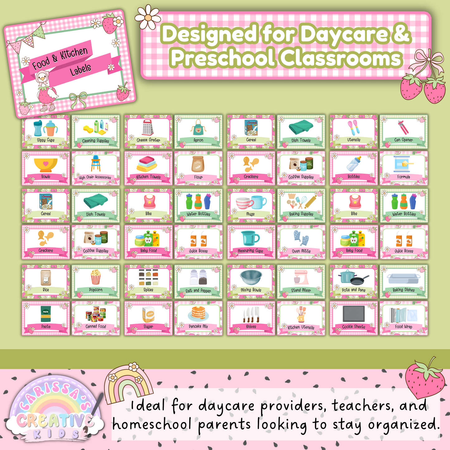 A full view of food and kitchen supply labels from the Goose-Berry classroom collection, featuring soft pink and green tones with strawberries, bows, and gingham accents. Includes over 50 editable labels for snacks, utensils, appliances, and cleaning items—perfect for preschool and daycare classroom organization.