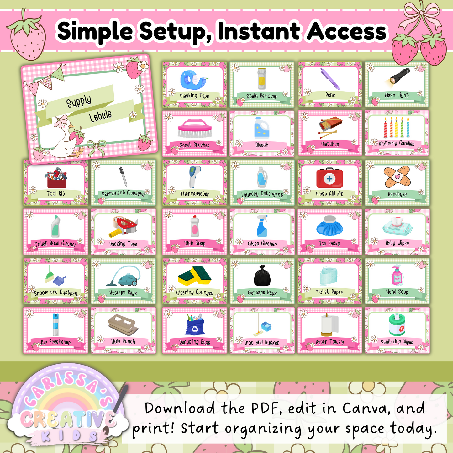 Preview of Goose-Berry Collection supply labels featuring editable Canva templates with a strawberry-themed pastel design. Includes 40+ bin and shelf labels for classroom and cleaning supplies like tape, wipes, mop, vacuum, disinfectants, and more. Perfect for teachers organizing daycare or preschool spaces with simple, cheerful visuals.