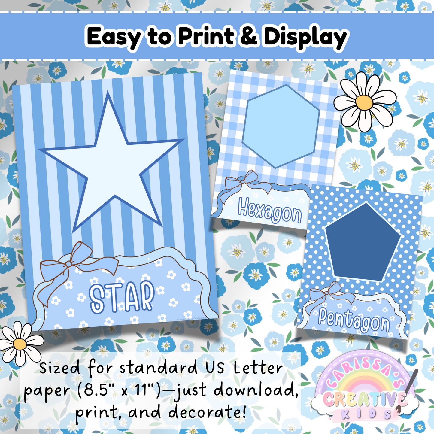 Three printable shape posters featuring a star, hexagon, and pentagon are displayed on a floral background, sized perfectly for US Letter paper (8.5" x 11"). Designed for preschool and kindergarten classrooms, this whimsical silly goose decor is ready to download, print, and display as part of your educational wall art.